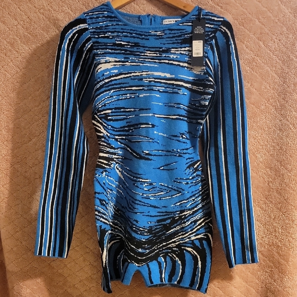 Fashion Nova Blue and Black Long Sleeve Bodycon Dress